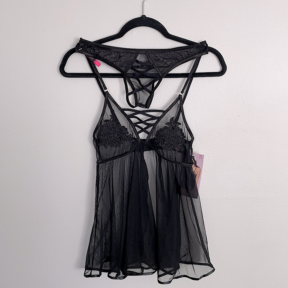 NEW W/ TAGS Two Piece Floral Embroidered Mesh Babydoll and Open Back Panty Set